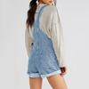 Women Suspender Jeans Denim Shorts Square Neck V-shaped Back Loose Pockets Adjustable Shoulder