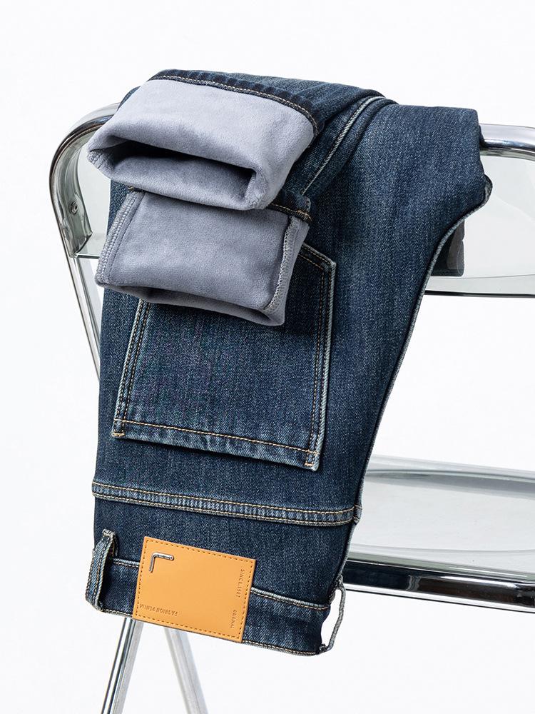 Autumn and Winter Velvet Slim Slightly Tapered Small Foot Elastic Jeans Men's Trend Washed Retro Dad Denim Trousers