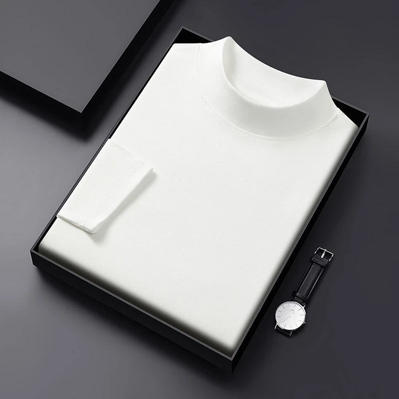 Men's Casual Solid Color High Collar Velvet Long Sleeve T-shirt Spring and Autumn Versatile Comfortable Top
