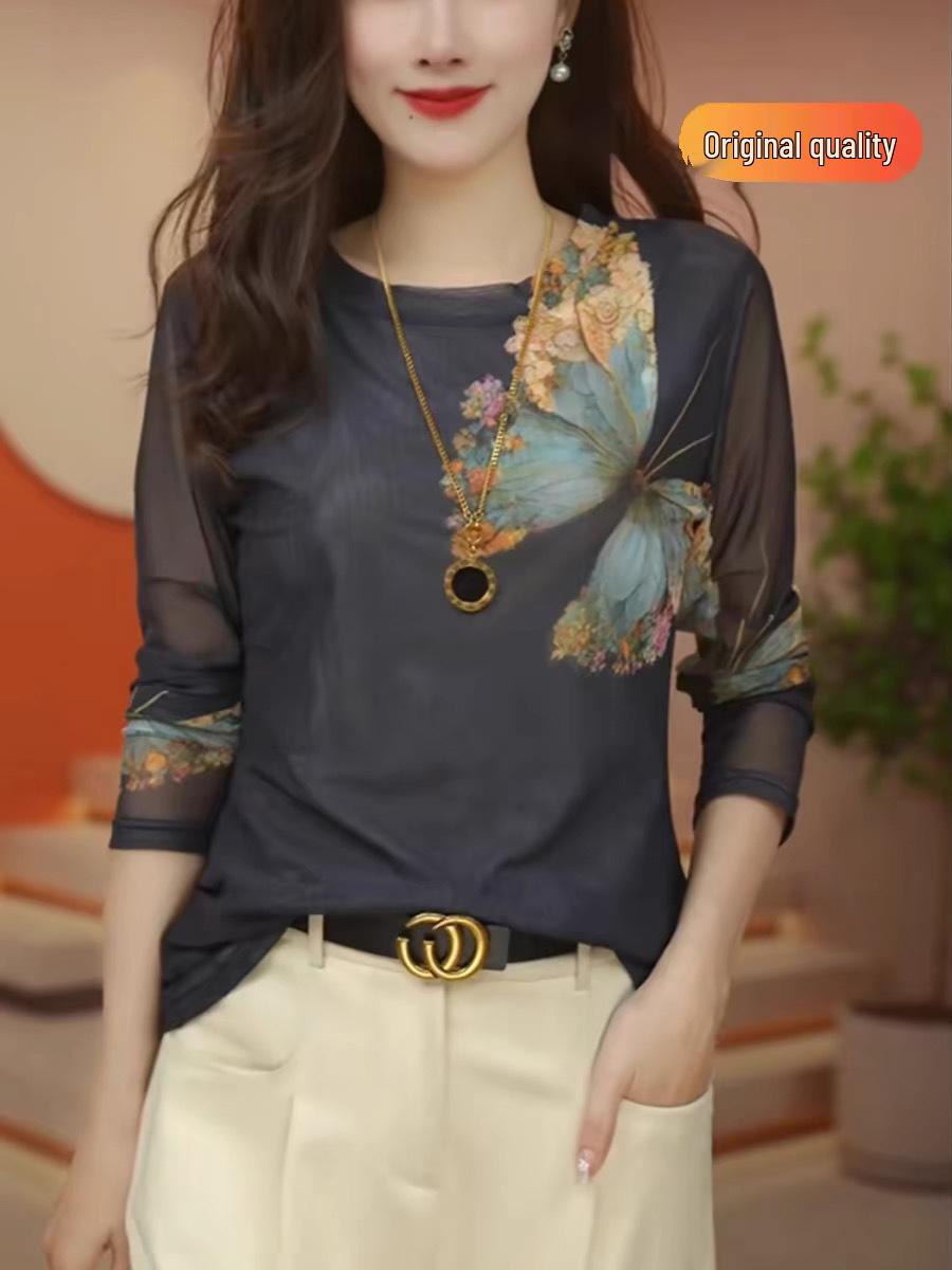 

Женская блузка с длинным рукавом и принтом в европейском стиле, сетчатый базовый слой - Мода весна и осень 3XL темно-синий