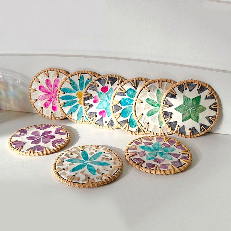 Rattan Coaster Handwoven Colorful Shell Coasters Heat Resistant Cup Mat Coffee Tea Mug Placemat Boho Decorative Coasters Kitchen