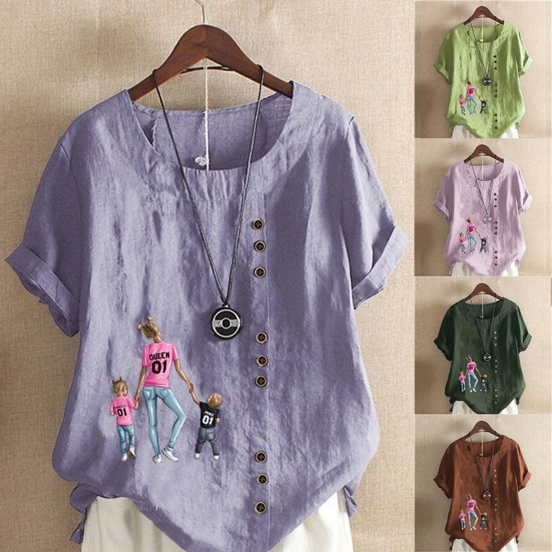 

Женская мода, рубашка с коротким рукавом с принтом для родителей и детей, летние повседневные свободные футболки с круглым вырезом, винтажные блузки, топы, большие размеры S-5XL