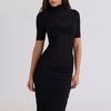 European and American Winter Wear New Perspective Gauze Splicing Dress Sexy Tight Pleated Semi-turtleneck Long Dress