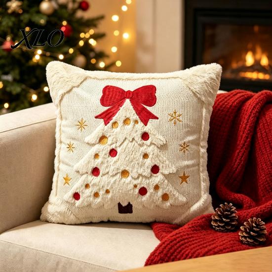 Soft Skin Friendly Cushion Covers Christmas Plush Pillowcase, 3D Embroidered Design Throw Pillow Retro Dark Green Cover, Decorative Cover for Holiday
