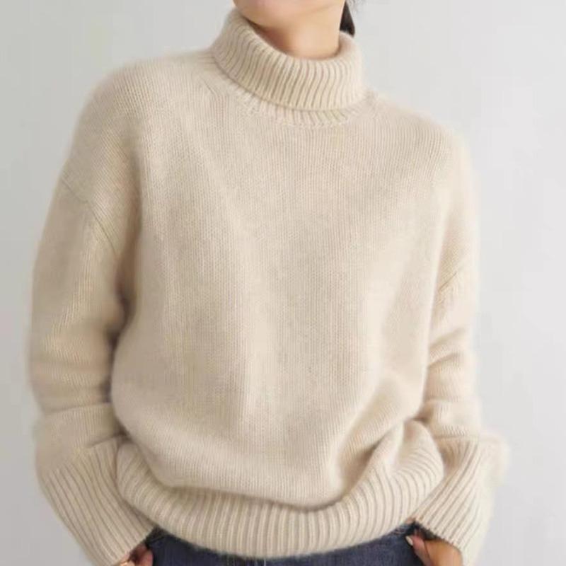 Autumn and Winter Thick Half High Collar Solid Women's Sweaters Elegant Vintage Loose Knitted Pullovers Sweater Ladies Casual Slim Base Jumpers 25560