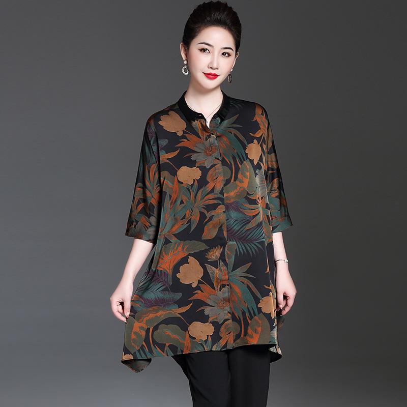 

Silk Slim-Fit Top for Middle-Aged and Elderly Women - Short-Sleeve Xiangyun Silk Shirt XL (recommended 100-110 jin) чёрный