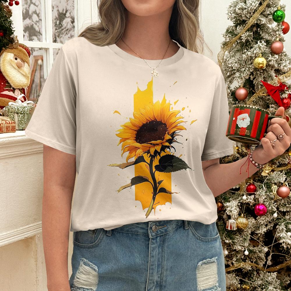 Summer Round Neck 3D Sunshine Print Top Vitality Wind Fashionable Casual Short Sleeved Women's T-shirts