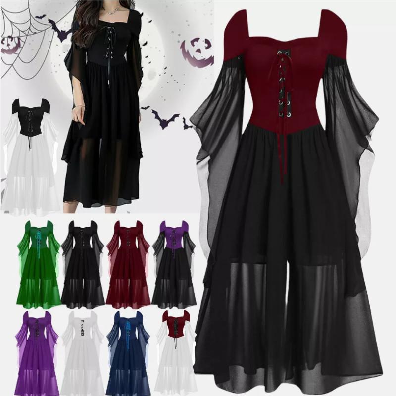 Halloween Women Adult Lacing Dress Medieval Witch Cosplay Costume Party Elegant