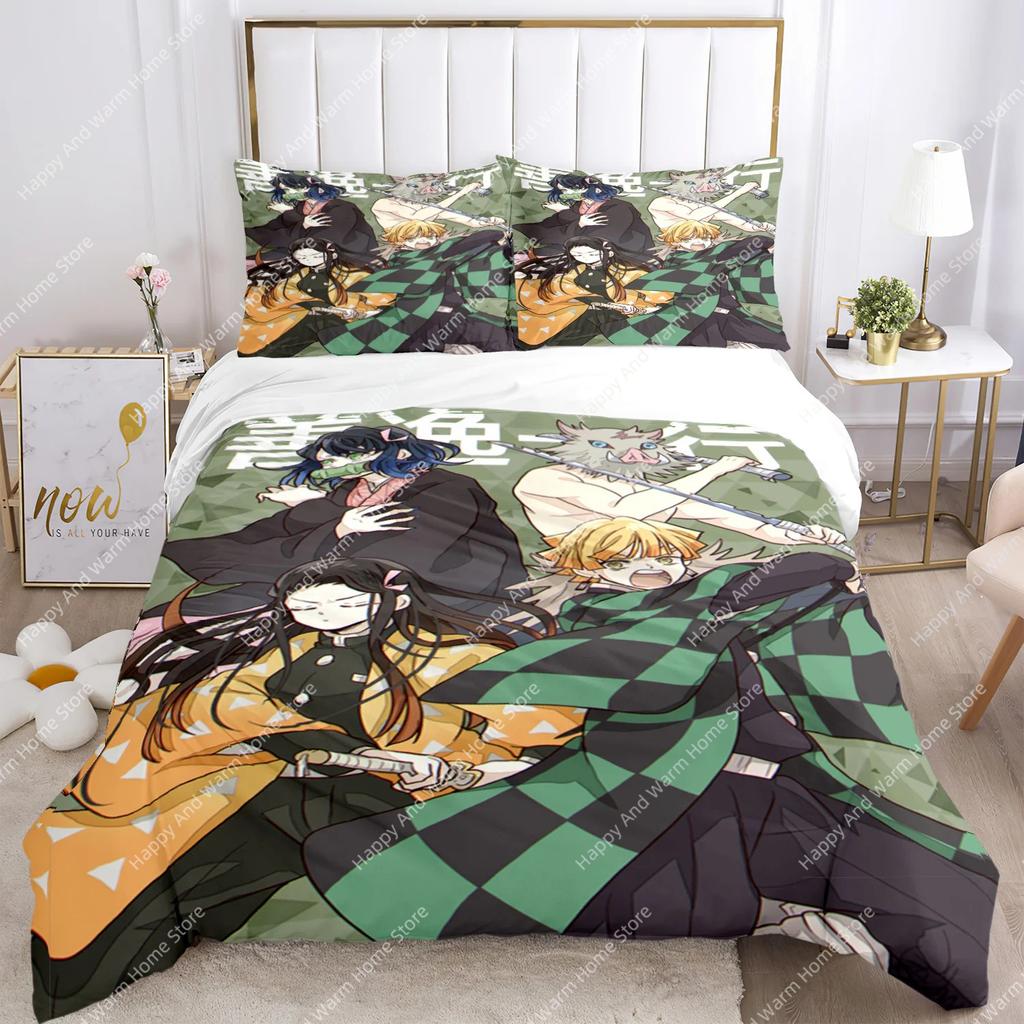 Anime Demon Slayer Print Bedding Set 2/3pieces Nezuko Bed Linen Queen Double Single King Size Duvet Cover Set Boys Adults Gift