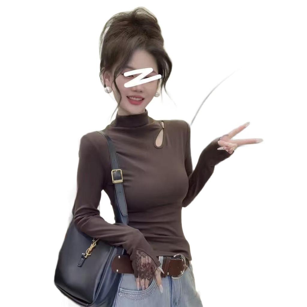 Korean Semi-High Neck Lace Long Sleeve Women's Top - 2025 Autumn/Winter Slimming Brushed Design