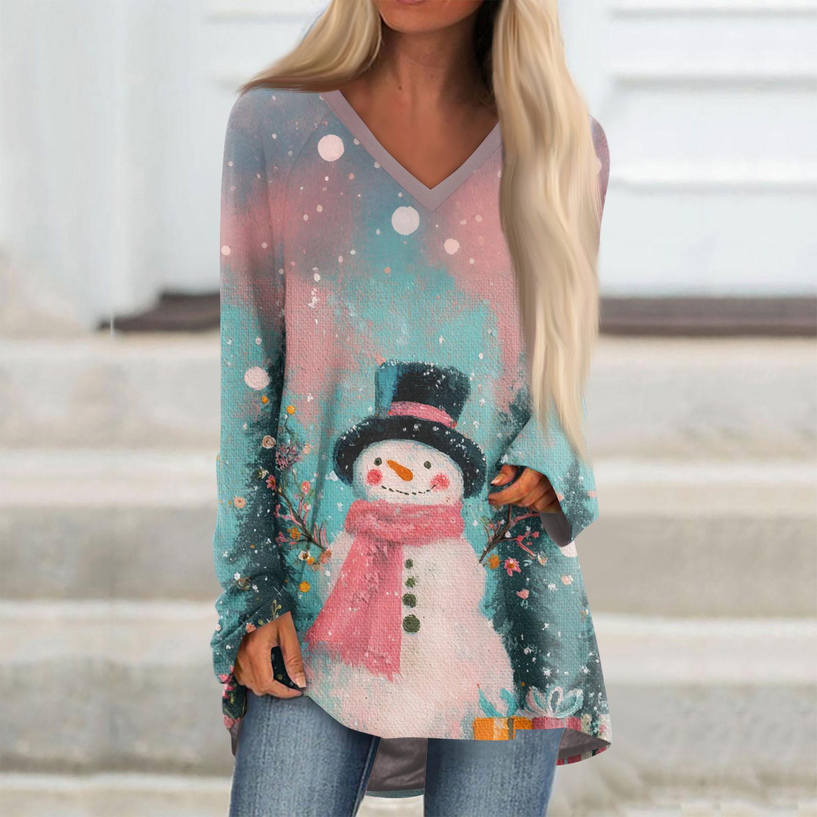 

Женская модная повседневная футболка с рождественским принтом, с длинным рукавом, V-образным вырезом, средней длины M
