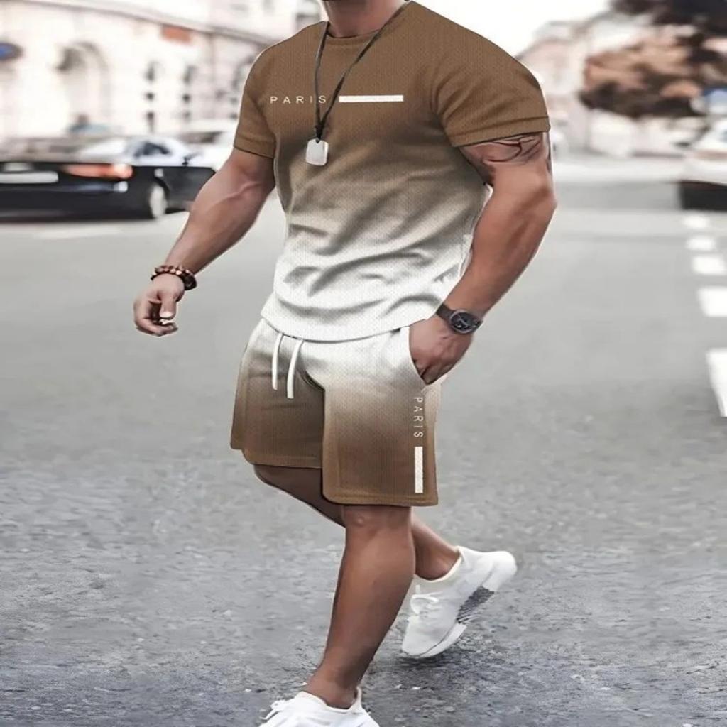 2025 Léto Jednoduchý potisk písmen Pánské tričko s kulatým výstřihem a krátkým rukávem a šortky Harajuku Street fashion pánské oblečení ležérní