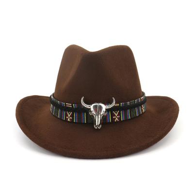 QBHAT Unisex Carnival Cowboy Fashion Hat Roll Brim Wool Felt Fedora Mens Ladies Western Hats Metal Bullhead Decorated Trilby