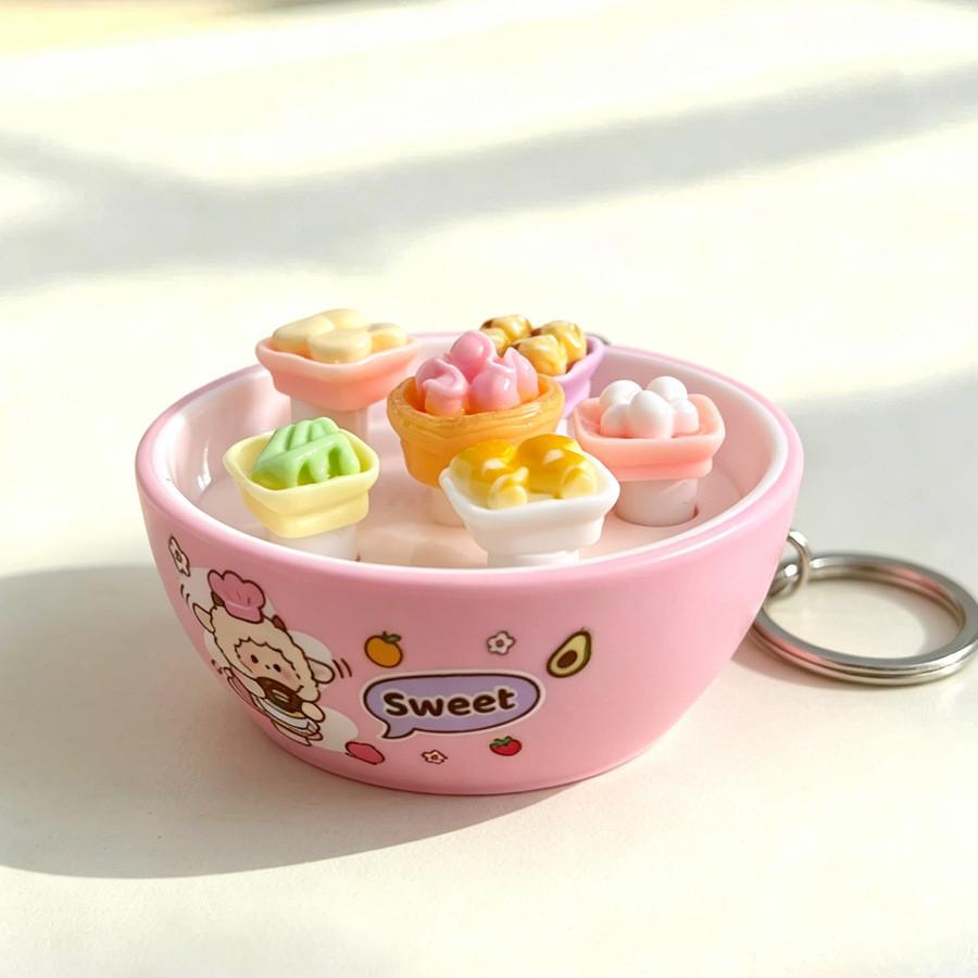 Plastic Mini Bread Squeeze Toy Keychain With Cartoon Pattern For Kids And Teens