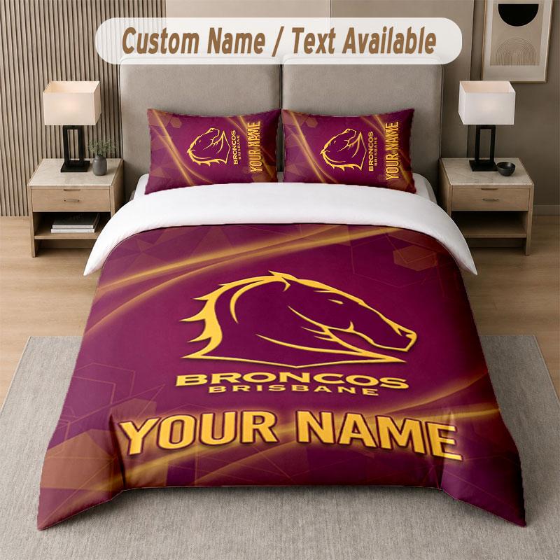 Custom Bedding Set Brisbane Broncos Pattern, Print Name Text 1 Duvet Cover Plus 2 Pillowcases Home Textile
