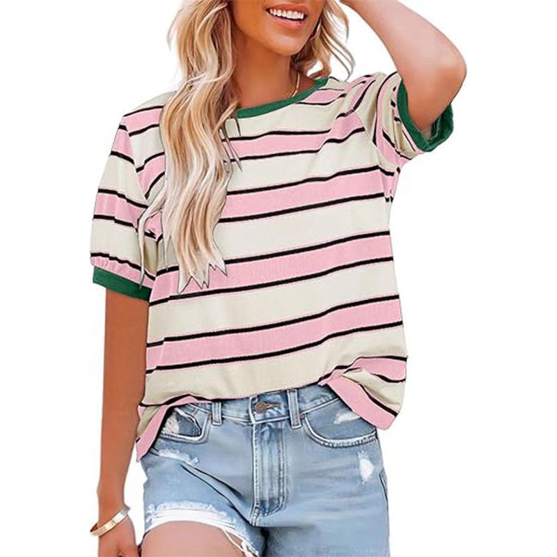 Womens Striped Contrast Color Loose Round Neck Short Sleeve Casual T Shirt