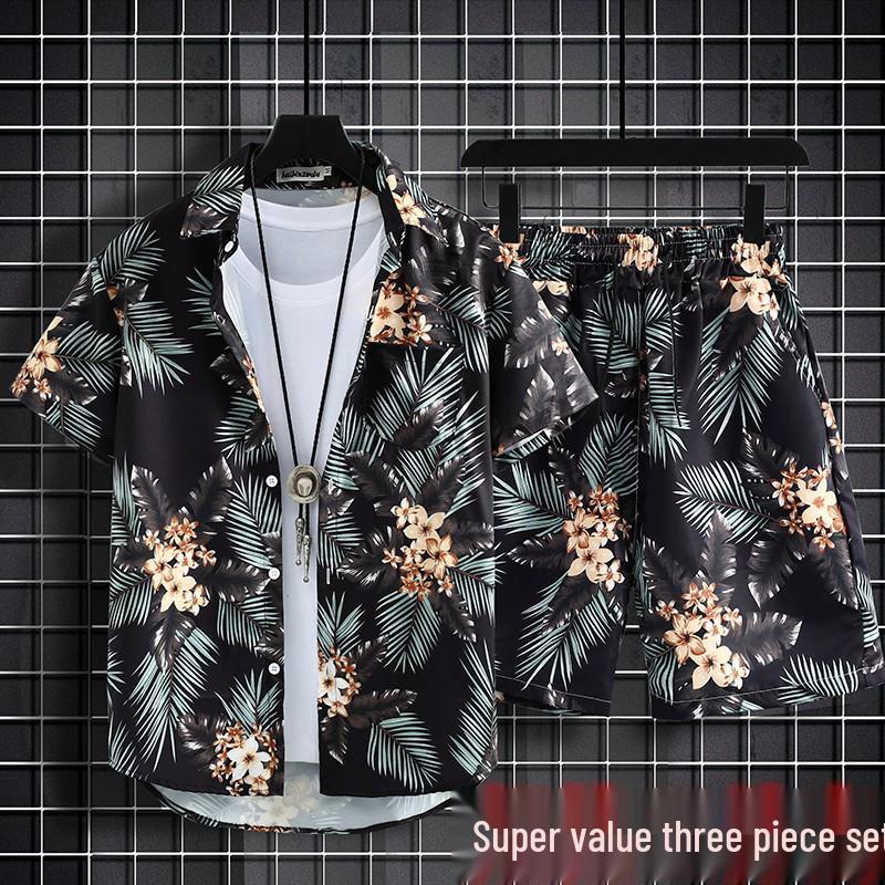 Versatile Men's Quick-Dry Shorts & Floral Shirt Set - Retro Hainan Island National Trend