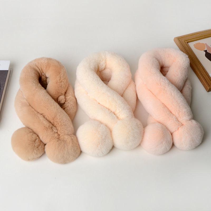 

Rex Rabbit Fur Winter Scarf: Warm Ladies Short Solid Color Double Tube with Fur Ball Neck Warmer 68cm вершковий