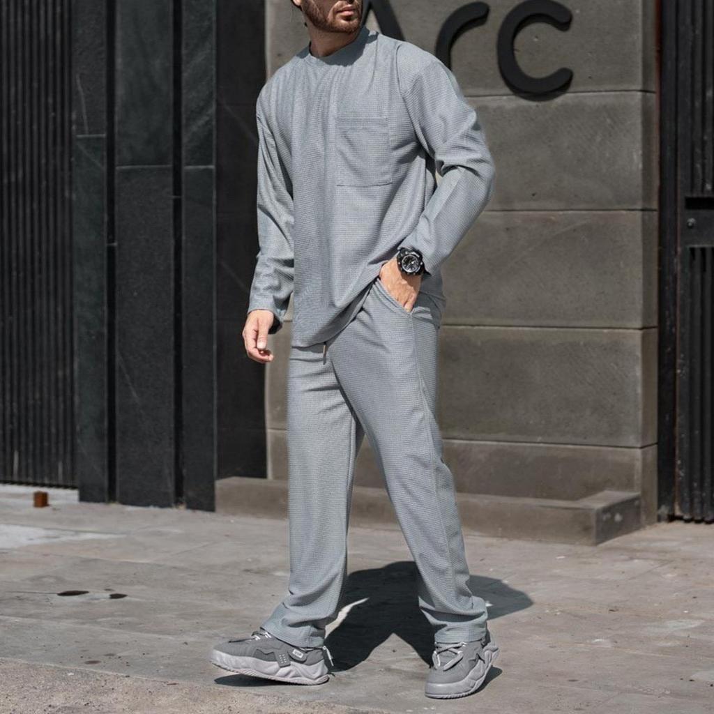 Herrkläder Enfärgad Lös Rundhalsad Patch-väska Andningsbar Sport Långärmad Topp Och Byxor Tvådelat Set