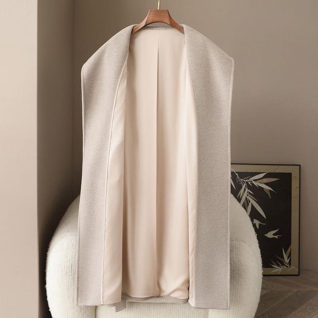 Women's 2026 Spring New Long Wool Double-Faced Coat with Large Lapel and Belted Waist