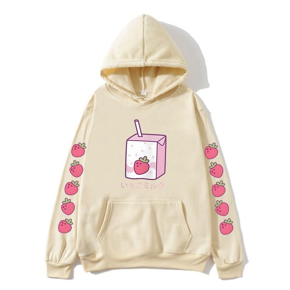 Strawberry Milk Cartoon Printing Hoodies Long Sleeve Hooded Sweatshirts Kawaii Clothing for Girls Moletom Feminino Winter Women
