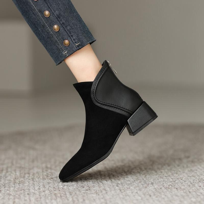 Fashion NEW Fall Shoes Women Sheep Suede Ankle Boots Round Toe Chunky Heel Boots for Women Winter Mature Women Boots Zipper Modern Boots