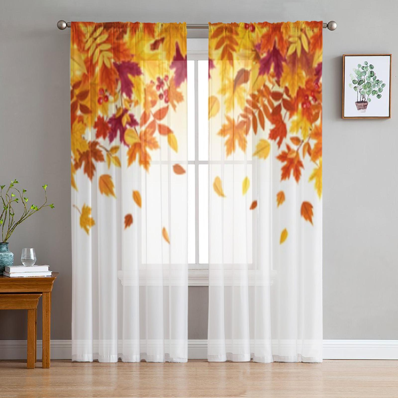 

Осенние прозрачные шторы с падающими листьями для гостиной, спальни, кухни, тюлевые занавески для дома, декоративные прозрачные панели