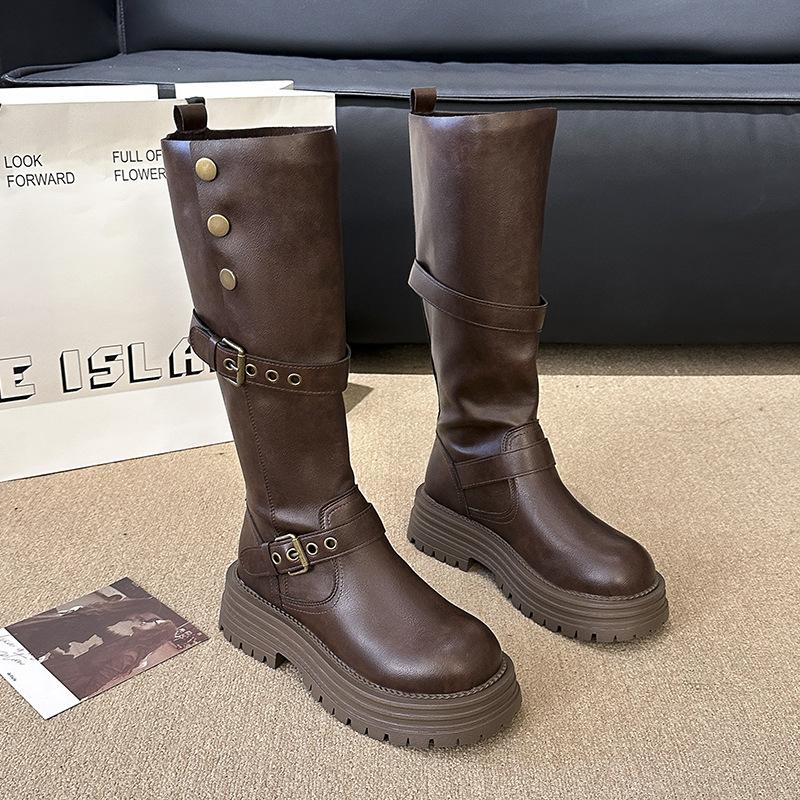 

Черные ретро ботинки на толстом каблуке и платформе в британском стиле женские 2025 осень и зима новые ботинки высокие и стройнящие ботфорты 40 темно-коричневого