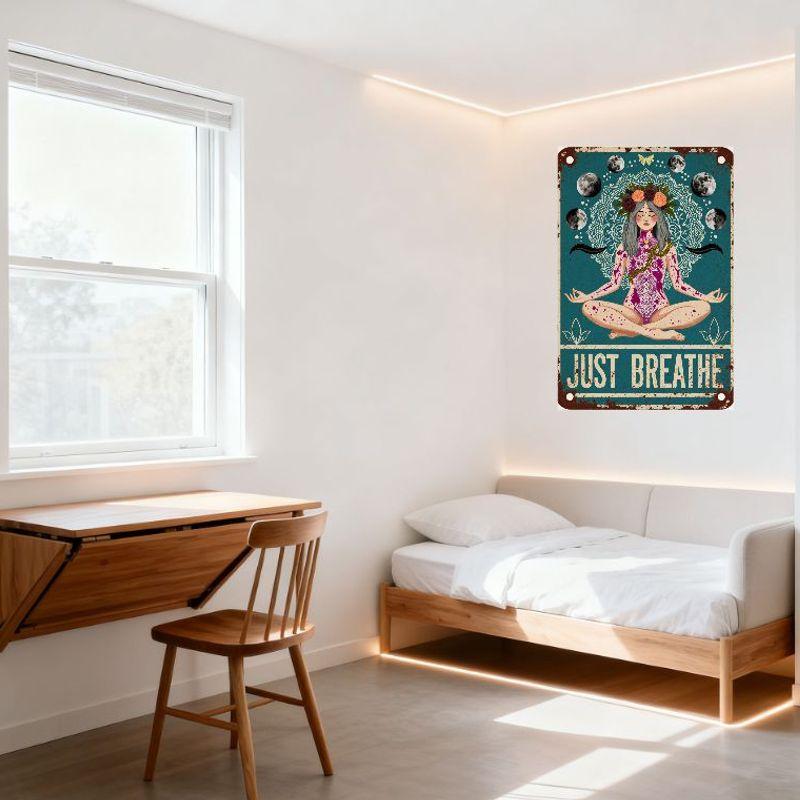 Vintage Bohemian Metal Tin Sign 'Just Breathe' with Moon Phases, Meditation Woman, Floral Crown, Lotus Pose, Mandala Background
