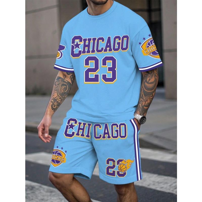 Men's Sports Short Sleeve Top Shorts Set Plus Size Breathable Basketball Sports Clothing Letter Print T-shirt Shorts 2-piece Set