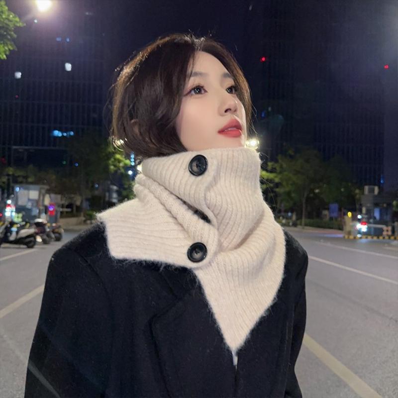 Korean Style Button Scarf Women Autumn And Winter Retro Warm Neck Collar Knitted Shawl Dual-Purpose Cold-Proof Scarf