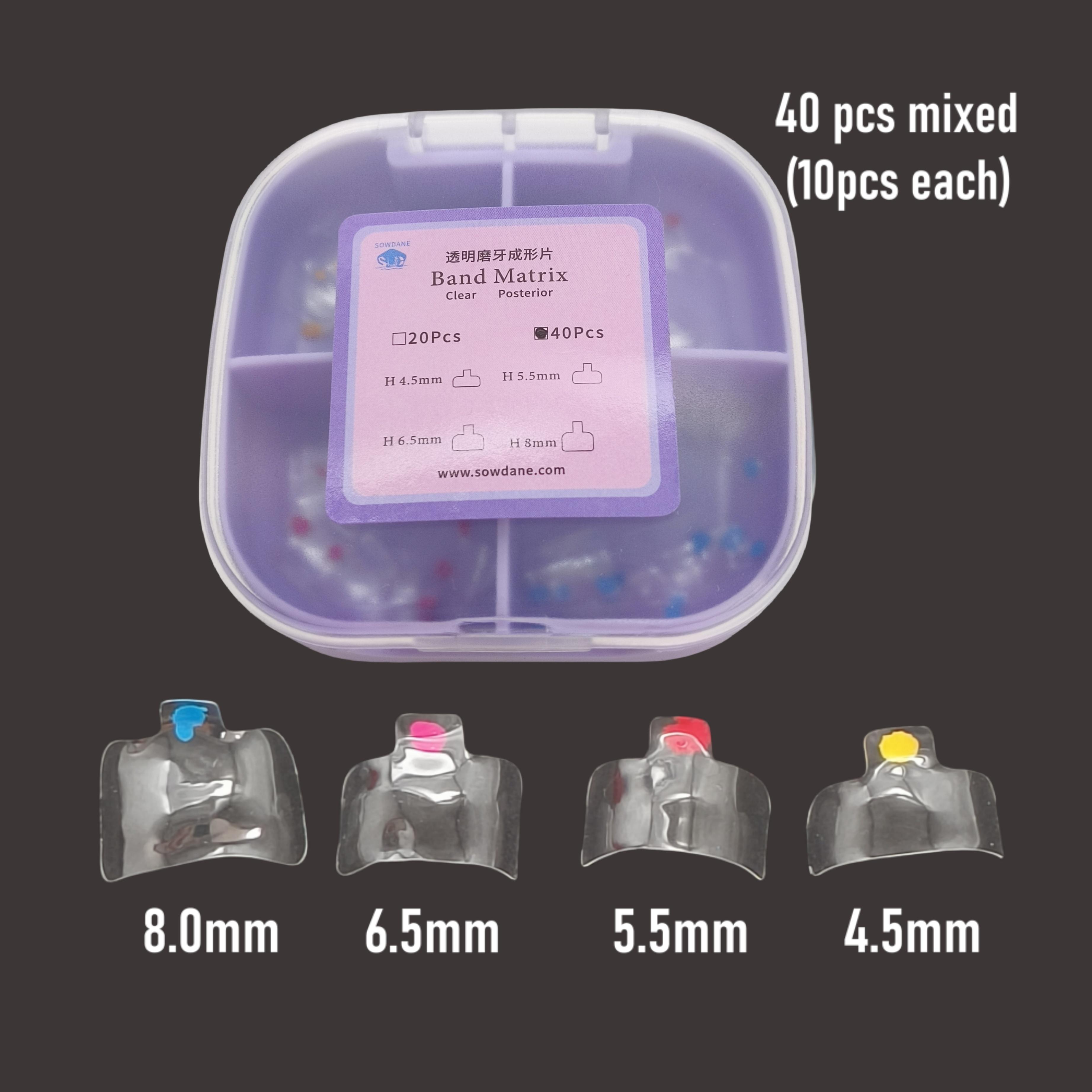 

10 шт./ 20 шт./ 40 шт. Прозрачные матричные ленты для зубов Прозрачные матрицы для задних моляров Композитный реставрационный класс 4,5/5,5/6,5/8,0 Подходит для Bioclear 1 pack - 40 pcs mixed