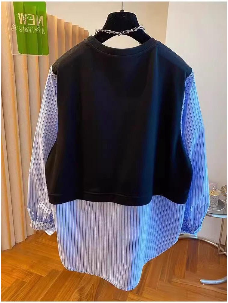 Damen Übergröße Gestreiftes Zwei-in-Eins Sweatshirt - Schlankmachendes Langarm-Oberteil für den frühen Herbst 2025