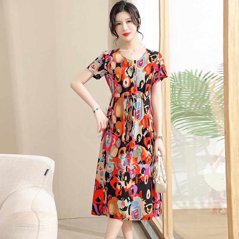 Elegant Floral Summer Dress for Women - Mid-Length, Loose Fit, Plus Size, Tummy Concealing, Cotton Silk Blend