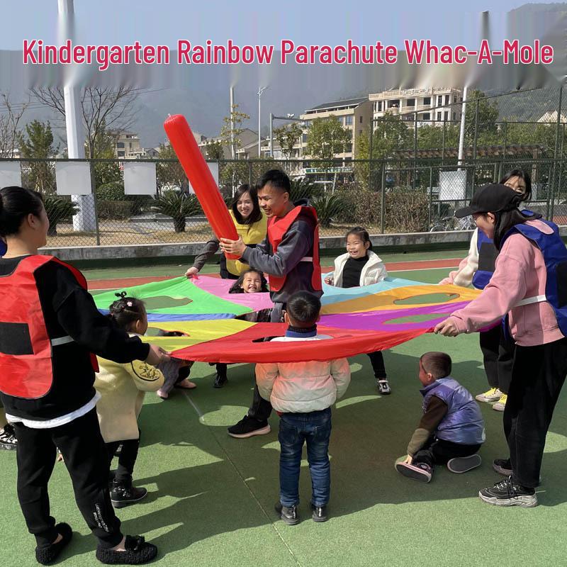

Радужный парашют, игра «Ударь крота»: Раннее развитие на открытом воздухе и занятие для родителей и детей Four-color 2x1.45m 5 holes + 4 inflatable sticks