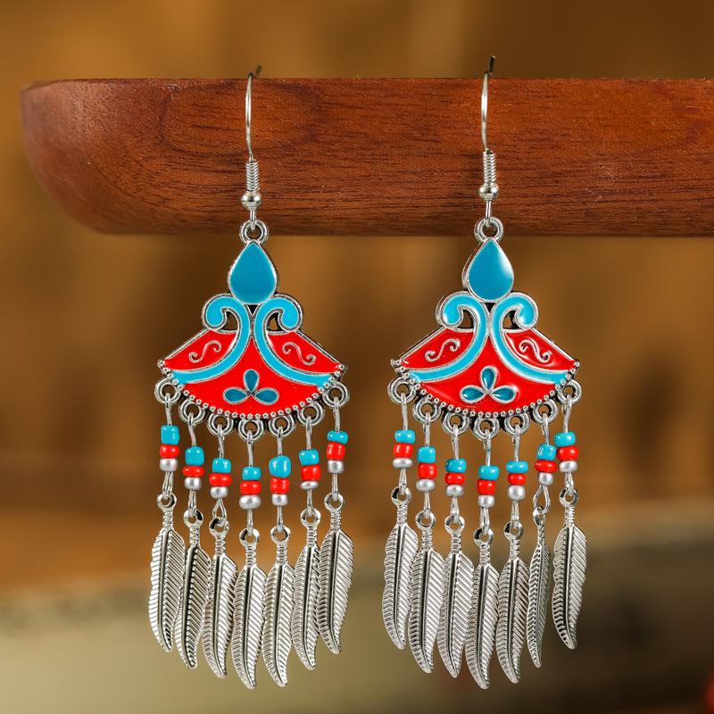 

Boho Vintage Leaf Tassel Dangle Drop Earrings For Women Geometric Sector Enamel Flower Beads Handmade Bohemian Female Zircon