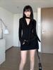 Next Saturday American Spice Girl Dress Women's Autumn Design Sense Niche Royal Sister Wind Long Sleeve Black Hip Wrap Short Dress