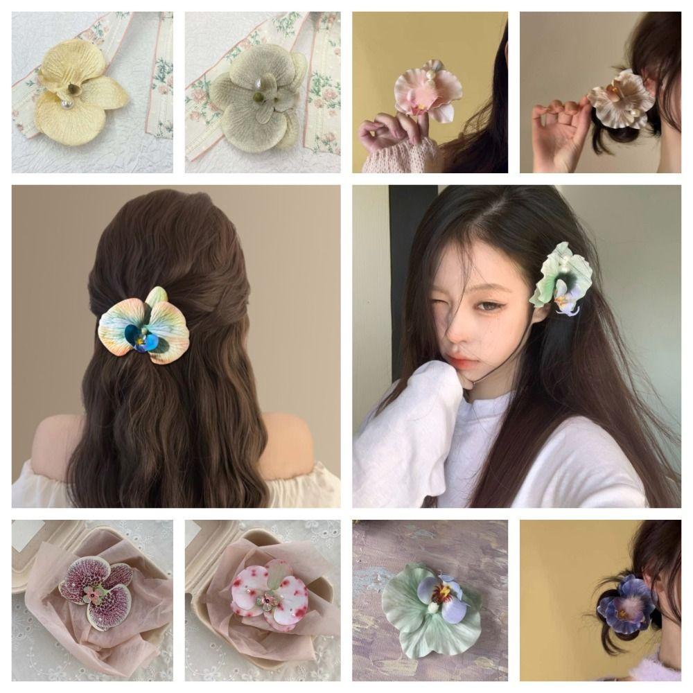 Sweet Orchid Flower Hairpin Rhinestone Women Side Clip Headdress Butterfly Orchid Hair Clip  Beach