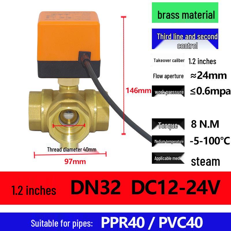 Electric Copper Ball Valve, Two/Three-Way Control, for 220V, 12V, 24V Systems - Ideal for AC, Fan Coil, Solar Applications, 4-Point Connection