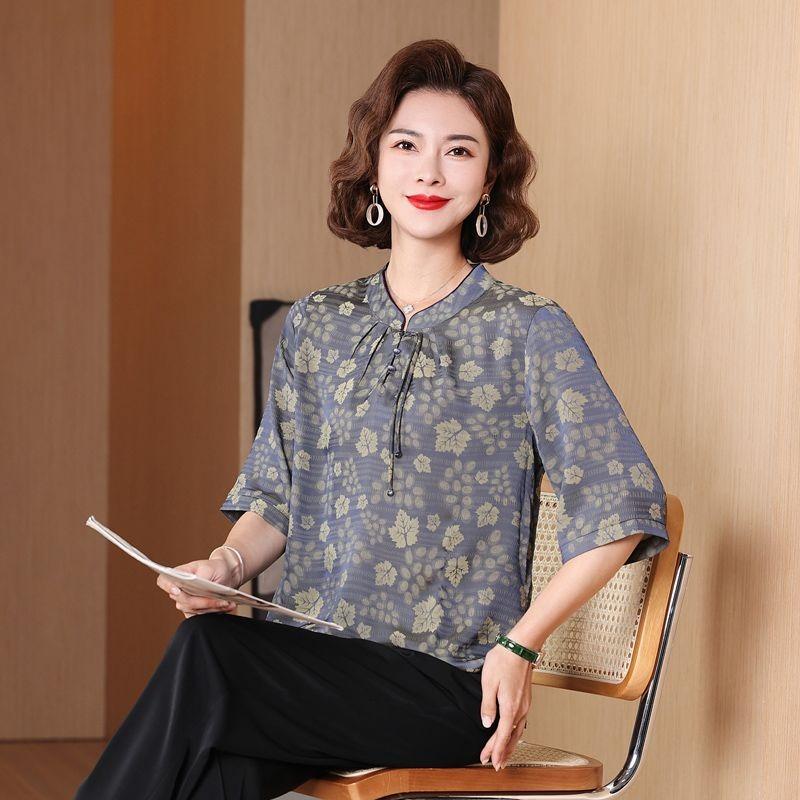 Chinese Summer Chiffon Shirt Mid-sleeve Stand Collar Middle-aged and Elderly Women's New Summer Small Shirt Loose Top