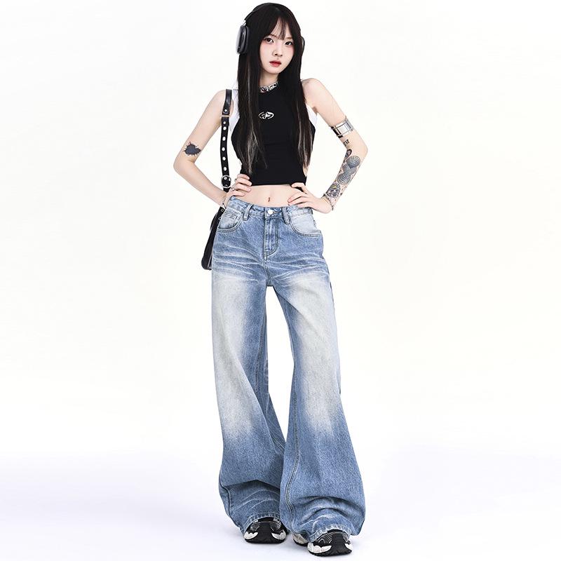 Women's 2024 Retro Low-Rise Wide-Leg Creased Distressed Jeans