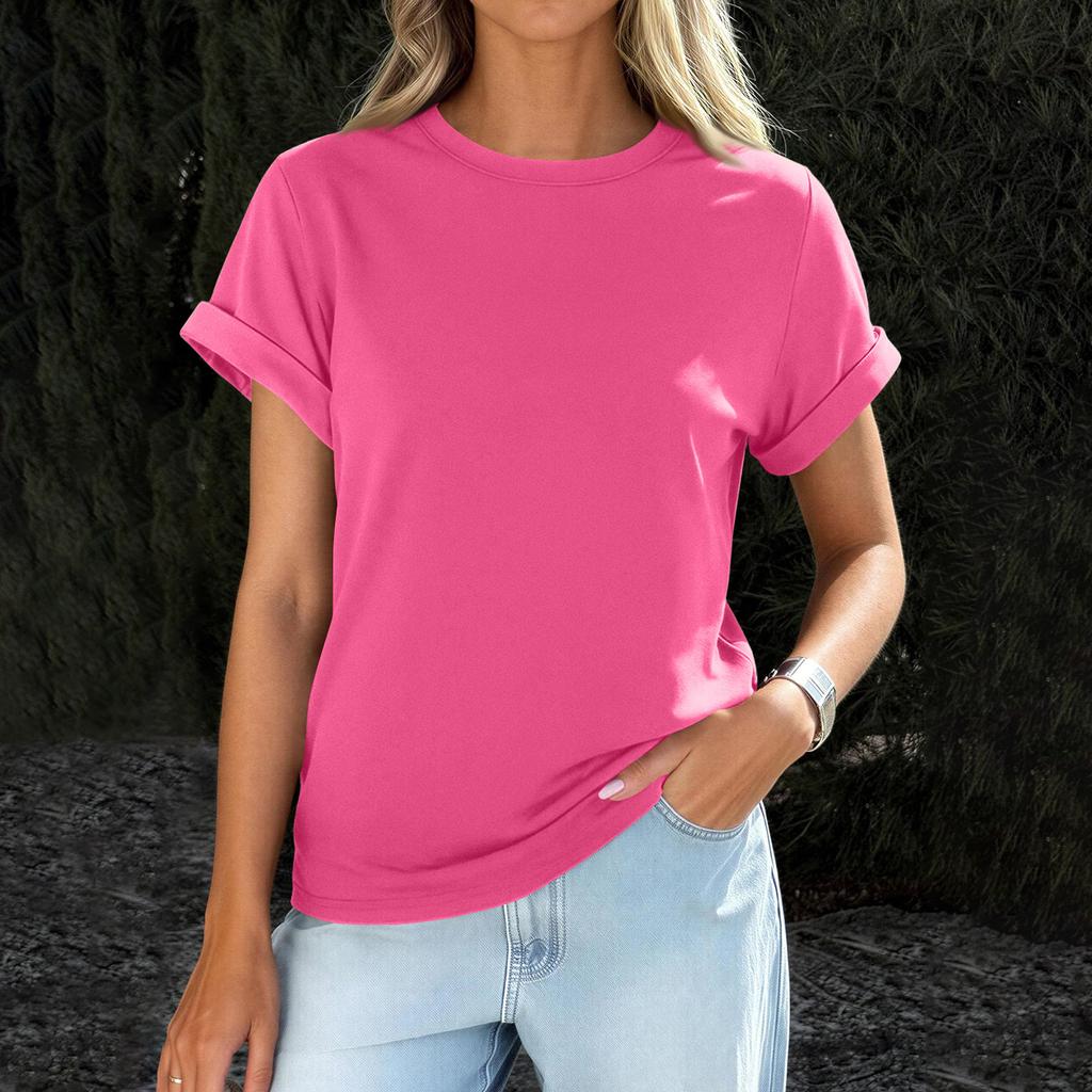 Womens  Casual Rolled Short Sleeve Basic Tees Fashion Tops