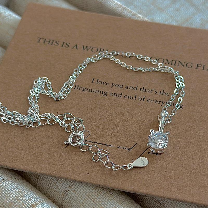 S925 Sterling Silver Retro Square Zirconia Necklace - Korean Style Simple Clavicle Chain 925 Silver