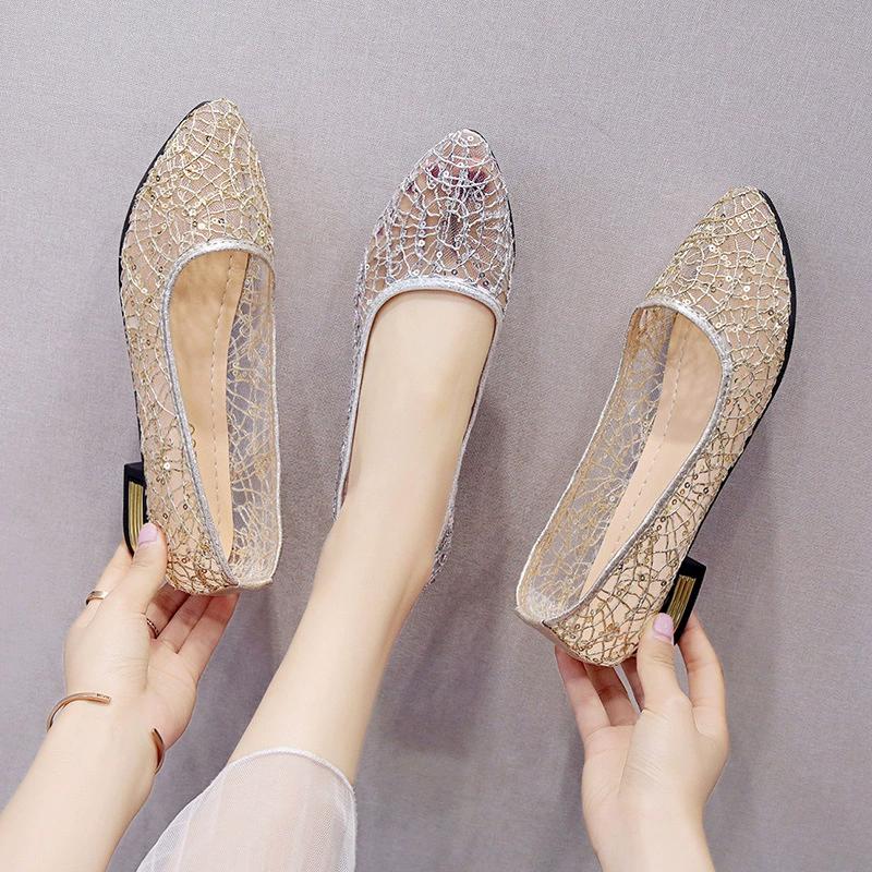 New Hollow Mesh Flat Shoes Lace Pointed Low Heel Mesh Shoes Women