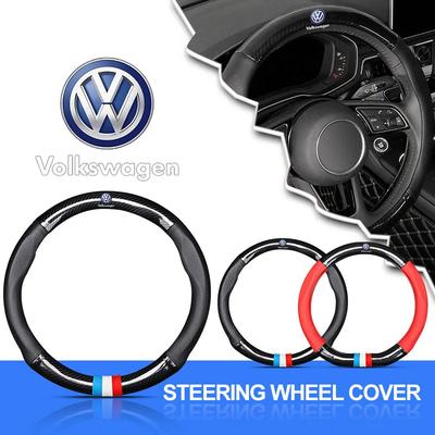 For Volkswagen Leather Fiber Car Steering Wheel Cover Emblem Carbon Protector Non-slip Wear-resistant For Volkswagen Golf-5 6 7