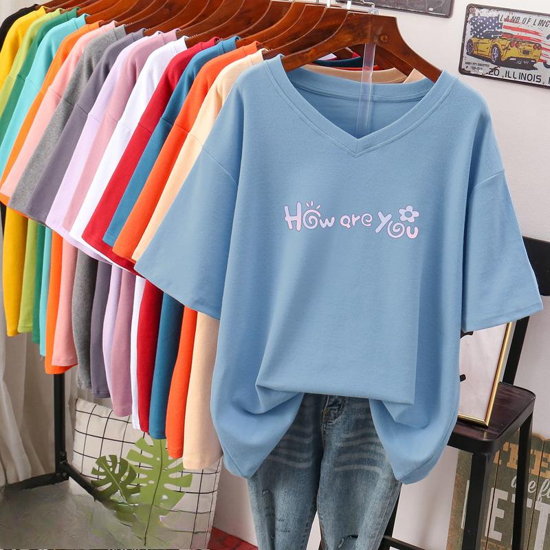 Camiseta de manga curta, Solta, Top V-neck Estampado Emagrecedor para Mulheres