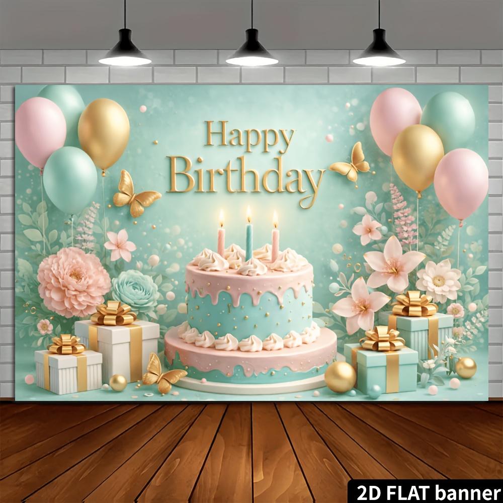 2D Plane Decorative Cake Background for Birthday - Mint Green Base with Gold Foil Letters: "Happy Birthday"