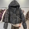 Retro plaid hooded down jacket short winter new college style thickened bread jacket white duck down jacket