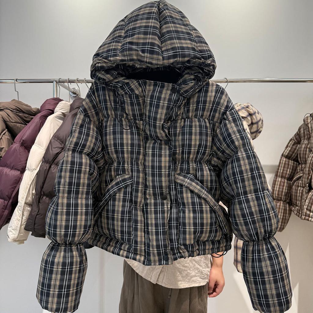 Retro plaid hooded down jacket short winter new college style thickened bread jacket white duck down jacket