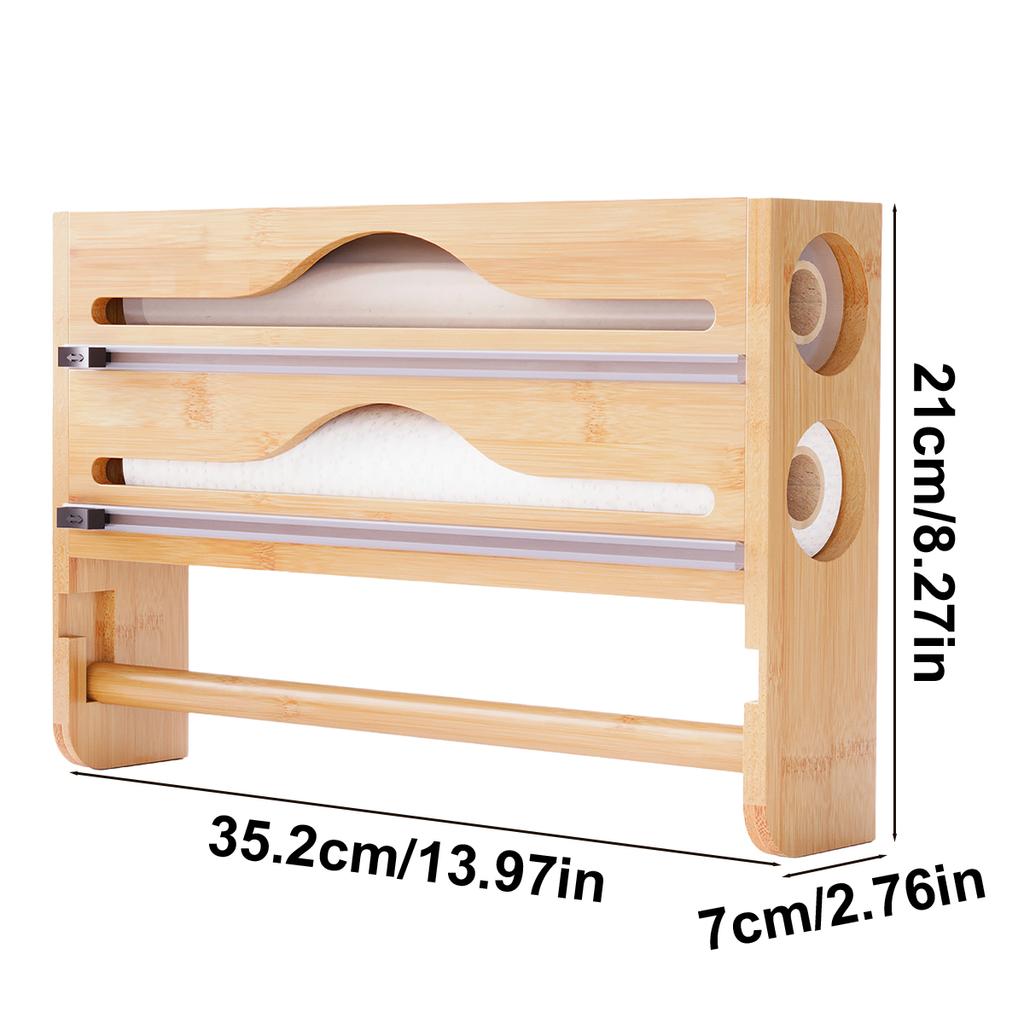 Bambus 2 Fach Frischhaltefolie Zinn Folie Cutter Box mit Küche Papier Wand Montiert Papier Handtuch Organizer